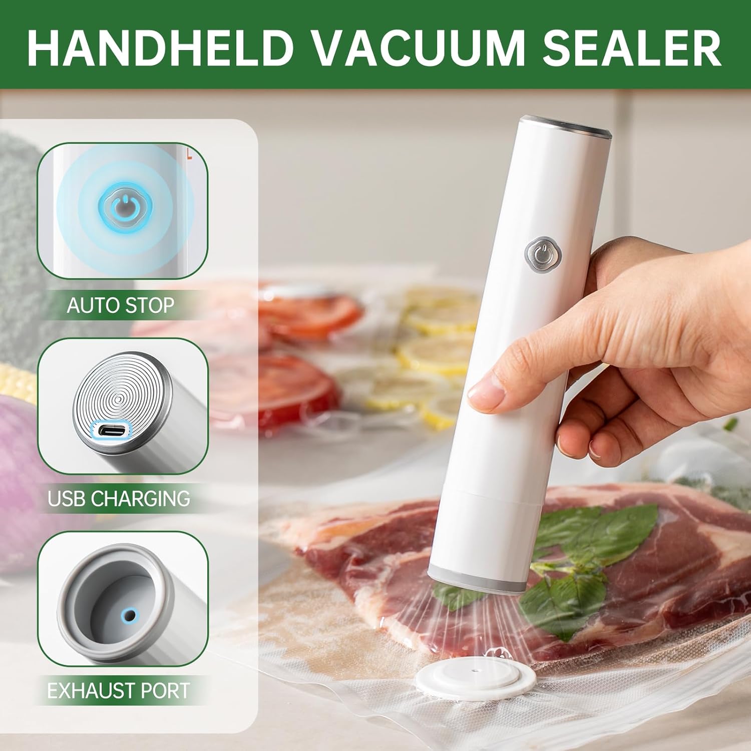 Vacuum Sealer, Handheld Compact Vacuum Sealer for Food, Portable Vacuum Machine Kit with 32 Reusable Sous Vide Zipper Bags, Cordless Food Sealer Machine for Travel Fresh & Sorage Meal Prep
