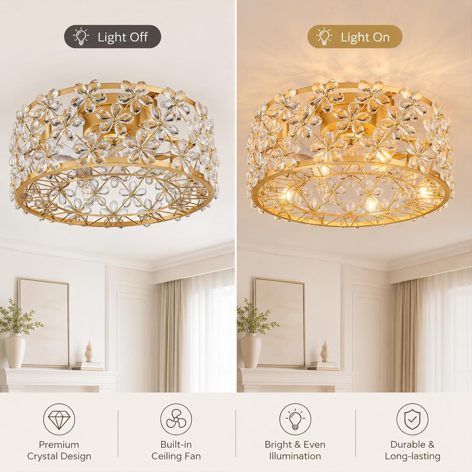 Gold Flower Fandelier Ceiling Fan with Light and Remote, 18 Inch Crystal Chandelier Fan, Flush Mount Ceiling Fan for Bedroom, Girls Room, Kitchen, Living Room