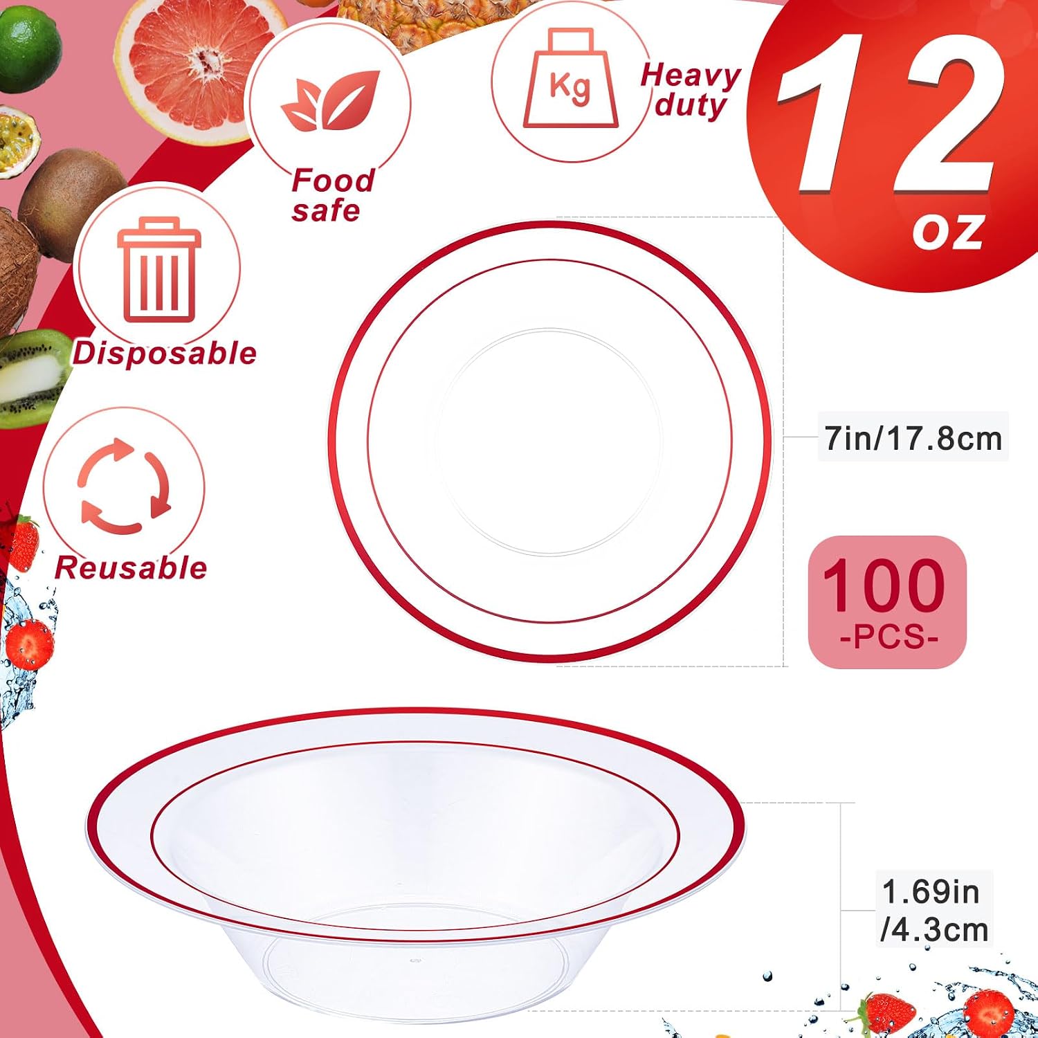 Tanlade 100 Pcs Plastic Bowls with Rim 12 oz Disposable Soup Bowls Elegant Party Dessert Disposable Dinnerware Fancy Shatterproof Tableware for Serving Food, Wedding, Holidays (Red,Clear Style)