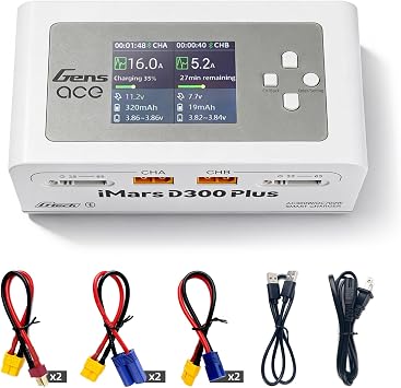 Gens ace Imars D300 Plus Dual Channel RC Battery Charger AC 300W/DC 700W | Bluetooth, G-Tech Series, 16A, for 16S Lipo, LiHV/Life/Li-Ion/NiMH Batteries, RC Car, Boat, FPV Race Drone, White