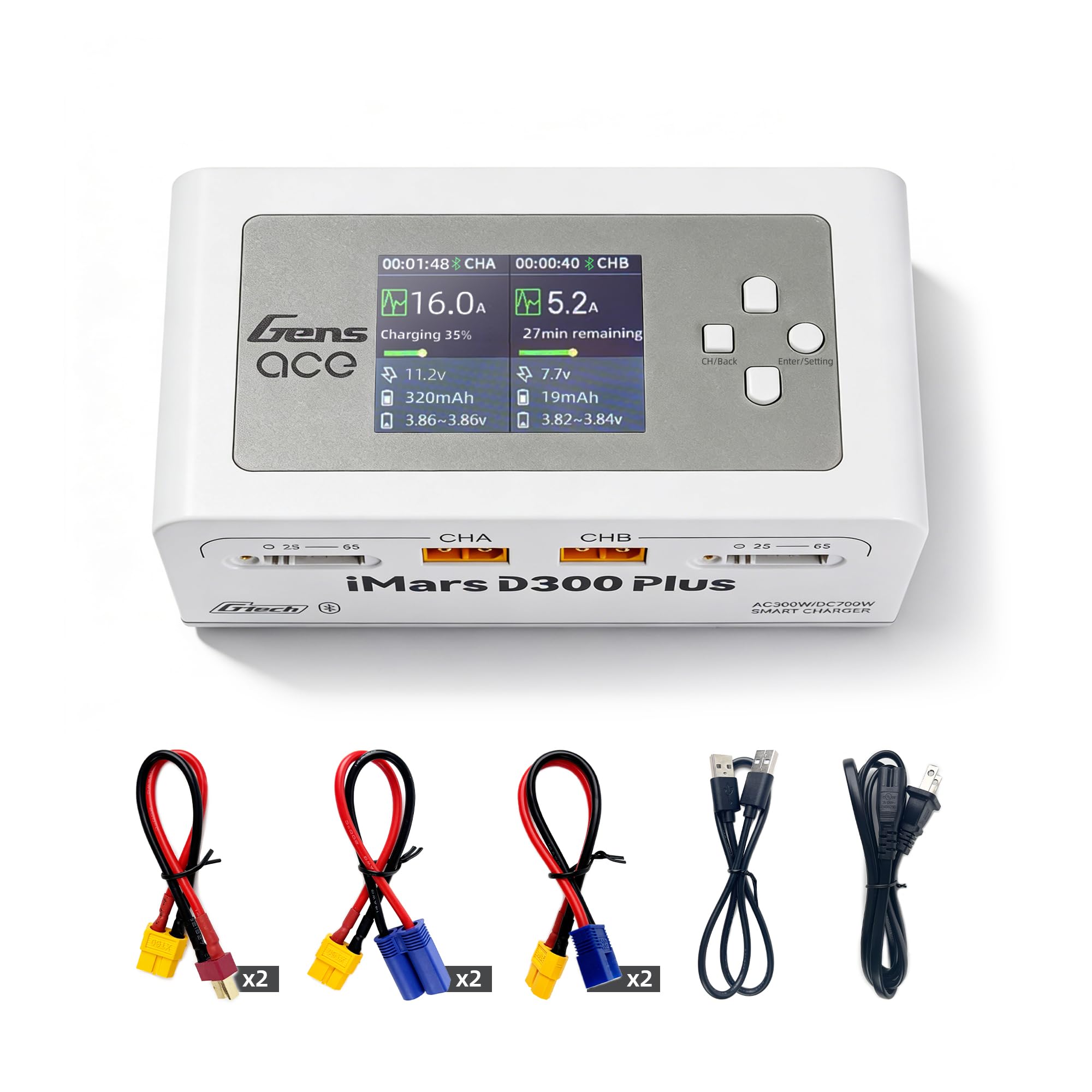 Gens Ace IMARS D300 Lipo Caricabatterie G-Tech Series Dual Lipo Charger 16A AC 300W Smart Fast Balance Charger per RC 1S 2S 3S 4S 5S 6S Lipo Batterie, LiHV/Life/Li-lon/NiMH Ricarica rapida