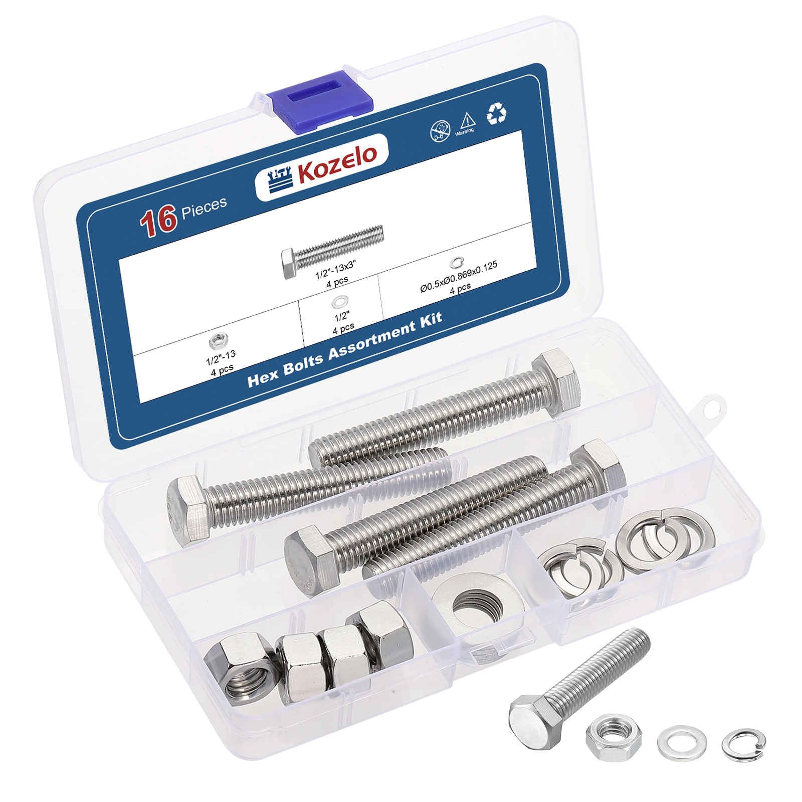 Kozelo 16 Pcs Bolts and Nuts Washers Kit - [1/2"-13x3"] 304 Stainless Steel Hex Tap Bolt Assortment Fully Threaded Hexagon Head Machine Bolts Right Hand External Hex Drive, Silver Tone — image 1