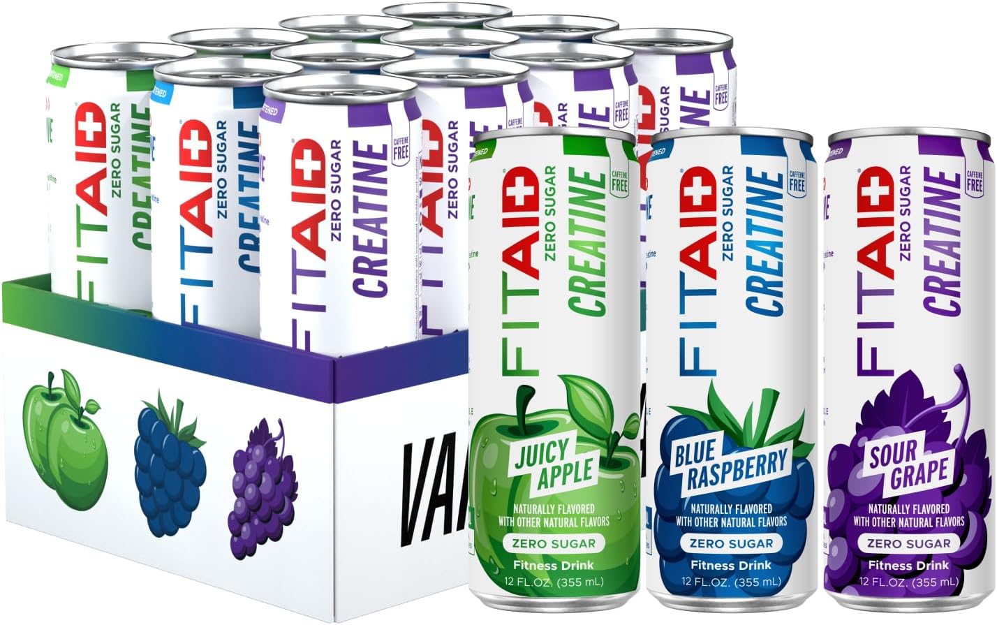 FITAID RX Zero Sugar, Encapsulated Creatine, Workout Recovery Drink, All-In-One Blend, BCAAs, Glucosamine, Turmeric, B-Complex, Electrolytes, Variety Pack, 12 Fl Oz (Pack of 12)