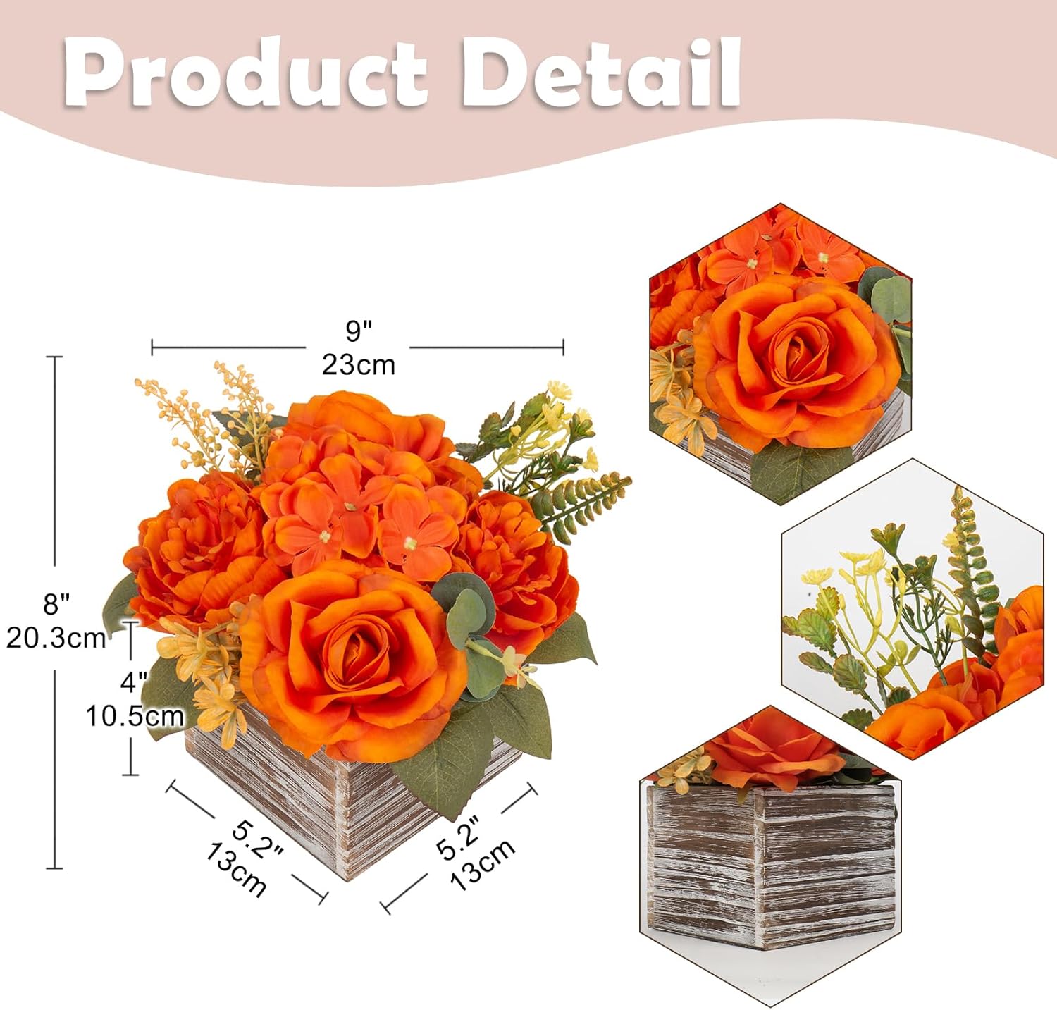 Flower Arrangement with Wooden Vase 8" Artificial Flowers in Pot - Fake Flowers Roses Peonies Hydrangeas in Wooden Vase Potted Artificial Flower Centerpieces for Table Decor Living Room - Burnt Orange - Image 2