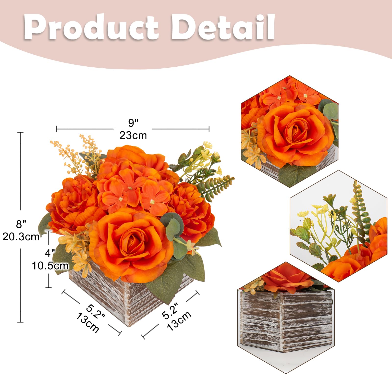 Hollyone Artificial Flowers Mixed Roses Hydrangeas Peonies in Pot, Orange Silk Flowers Decorative Faux Flowers with Pot for Centerpiece, Wedding, Bathroom, Kitchen, Home Decor - Image 2