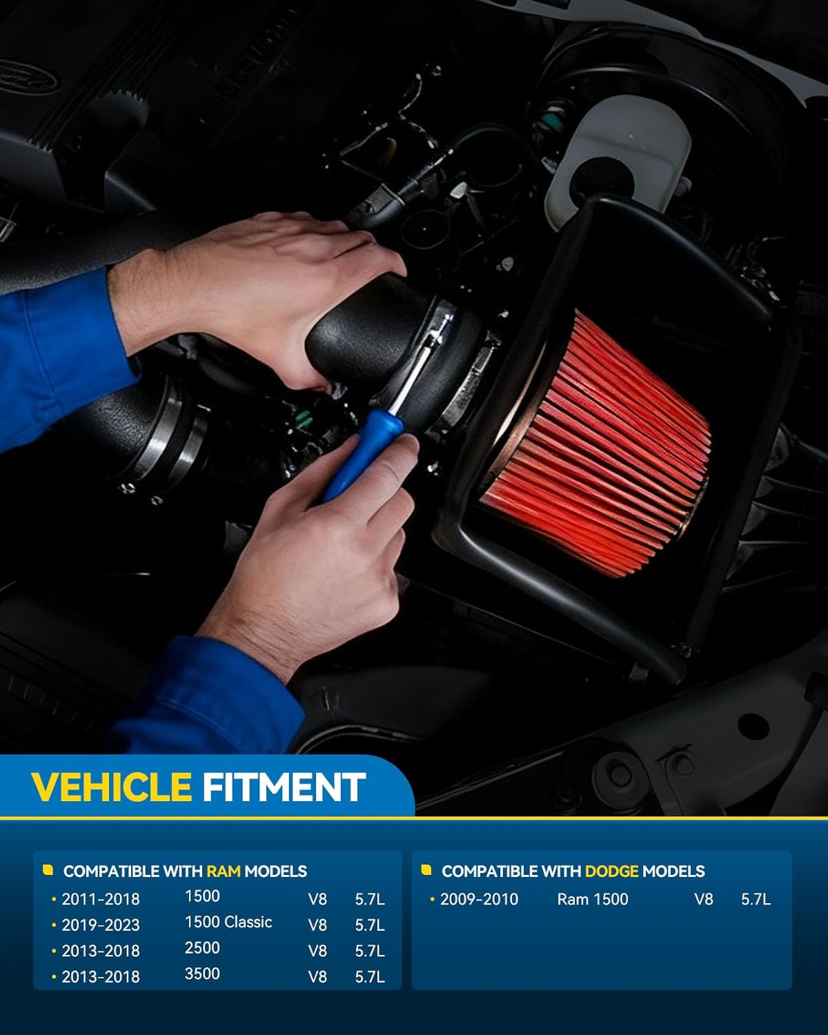philtop 3.5" cold air intake kit system + heat shield compatible with dodge ram 1500/2500/3500 2009 2010 2011 2012 2013 2014 2015 2016 2017 2018 2019 2020 2021 2022 2023 v8 5.7l, high performance, red red 2009-2018 ram 1500