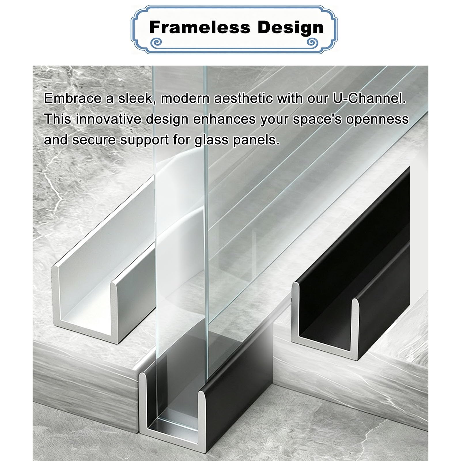 Perfil en U de aluminio negro para puerta de cristal de ducha