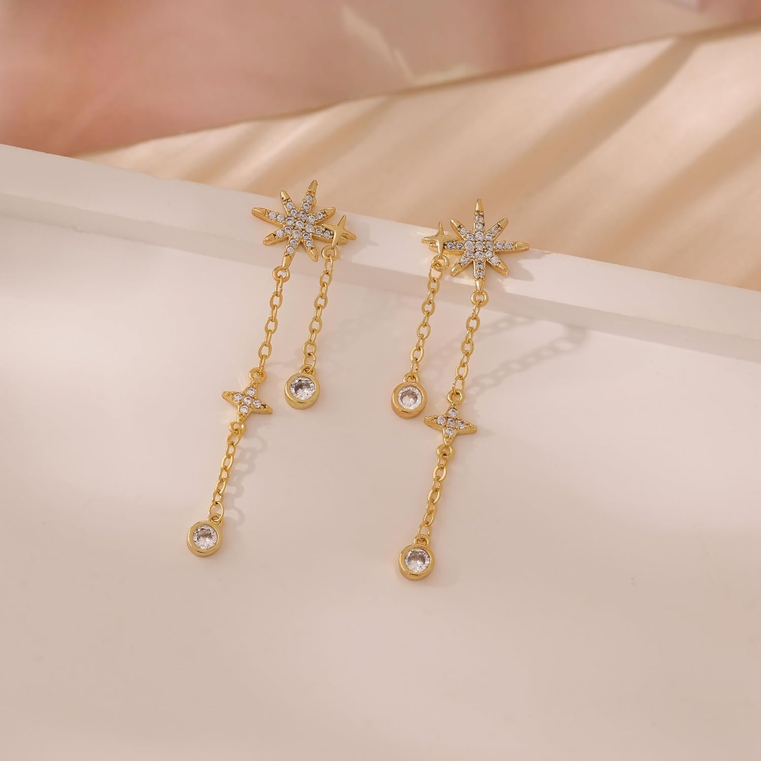 Dangle Earrings For Women,Trendy Star Drop Earring 14K Gold Plated Hypoallergenic Prom Star Dangle Earrings Dainty Long Chain Earring Fashion Womens Gold Jewelry - Image 6