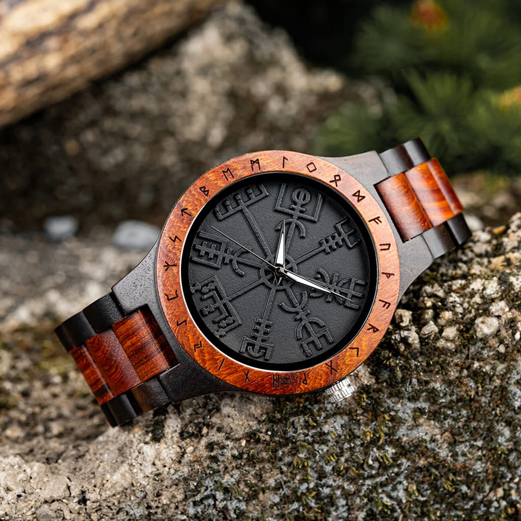 Relojes De Madera Vegvisir, Hombres Vikingos Joyería, Mito Nórdico Vintage Runas Círculo, Brújula Reloj de Madera, Hecho a Mano Grabado Caja de Madera de Regalo