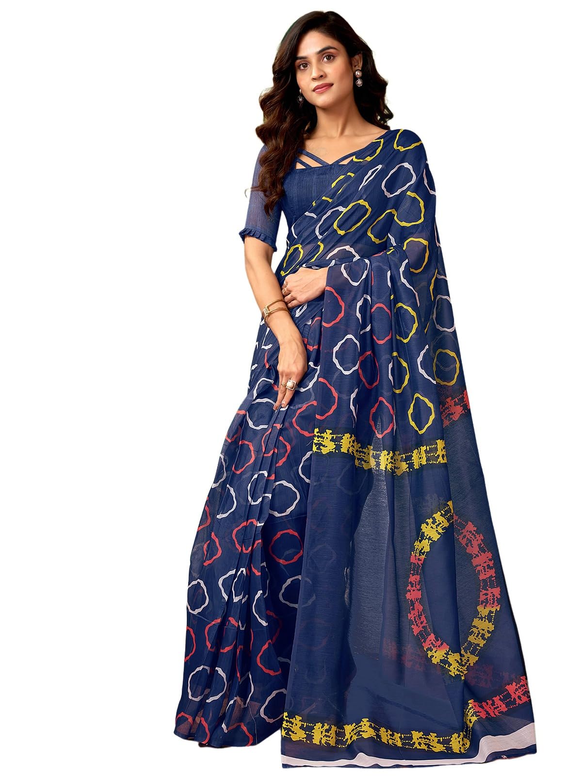 Satrani Women's Chanderi Cotton Printed Ready To Wear One Minute Pre Pleated Readymade Saree With Unstitched Blouse Piece (32Rs302N_Navy Blue)