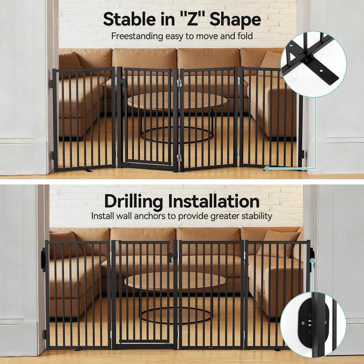COMOMY 80" Free Standing Dog Gate with Door, Foldable Dog Fence for Indoor & Outdoor, 4 Metal Panels, Extra Wide Pet Gate for Stairs, Hallways, Doorways, Deck, Yard(32" Tall, Black)