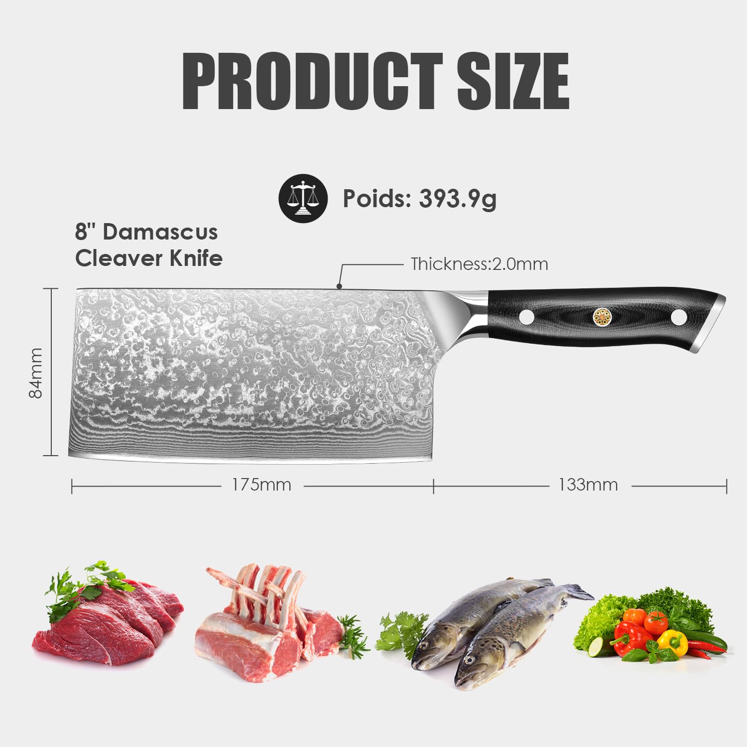 Home Safety Coltello Damasco Coltello da Carne - Mannaia Cinese Damasco 17,5 cm Lama in 67 Strati di Acciaio Damasco con Manico in G10 - Affilato e Bilanciato