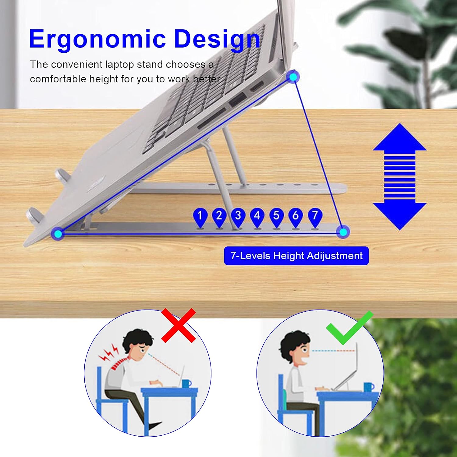 Laptop Stand - Adjustable Ergonomic Aluminum Stand, 7 Angle Anti-Slip, Compatible with 9-15.6 inch Laptops, Silver