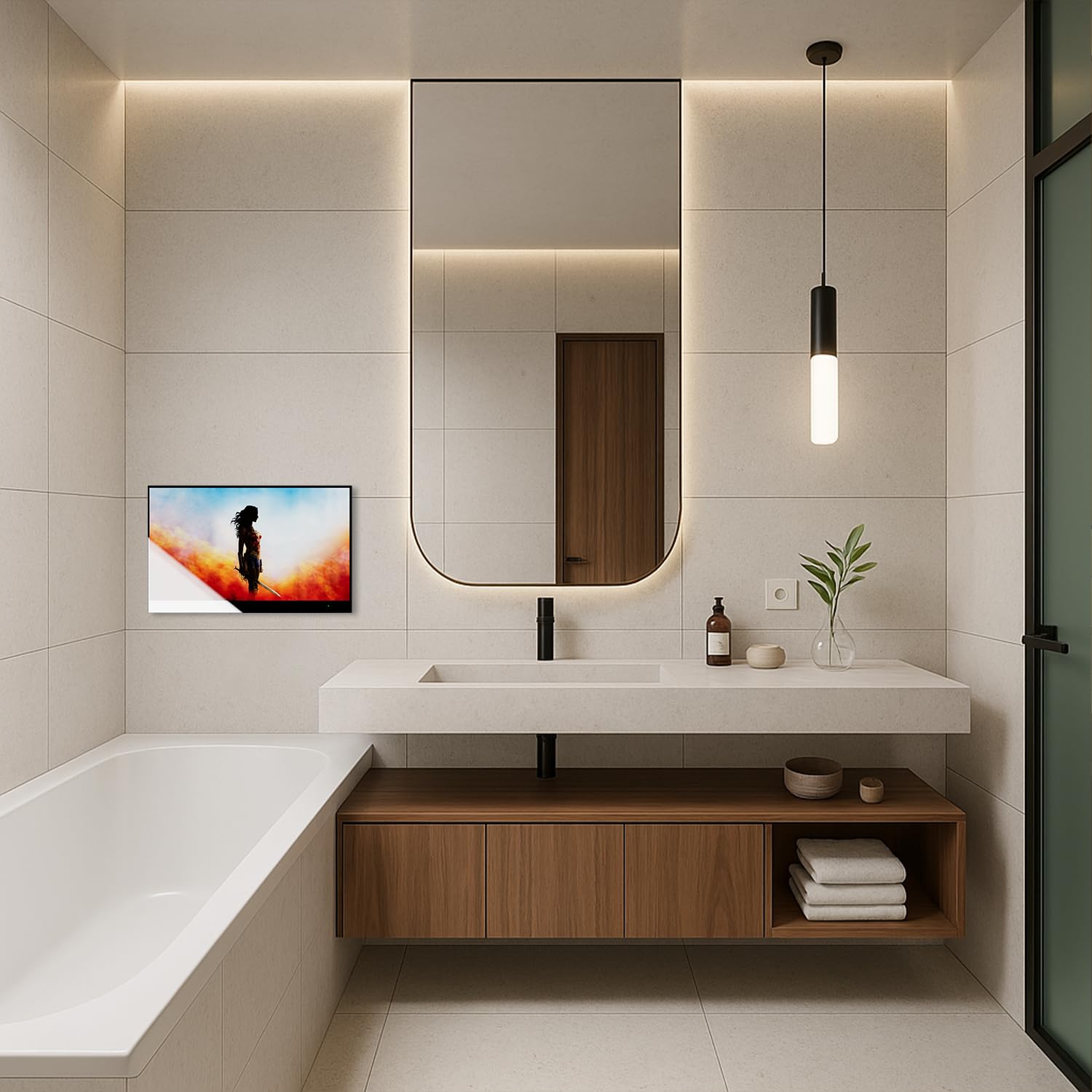 Soulaca 32 Pouces 4K UHD Smart Miroir TV pour Salle de Bain, télécommande Magique, étanche IP65, Regarder Netflix,Alexa intégré, Haut-parleurs intégrés,Modèle 2026