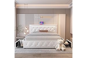 Modern Queen Size Bed Frame with Drawers and Adjustable LED Headboard