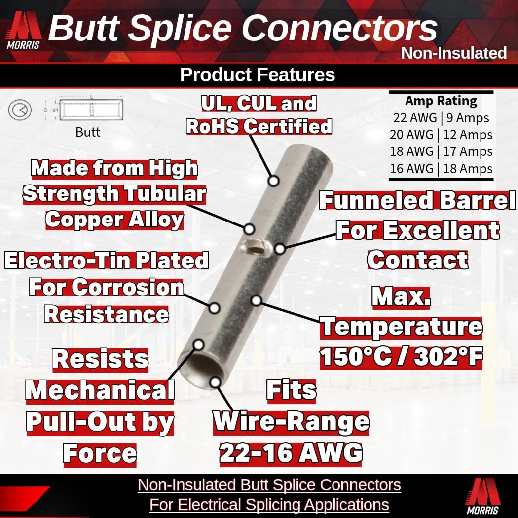 Morris Products 12104 Non-Insulated Butt Splice Connectors 22-16, 100-Pack