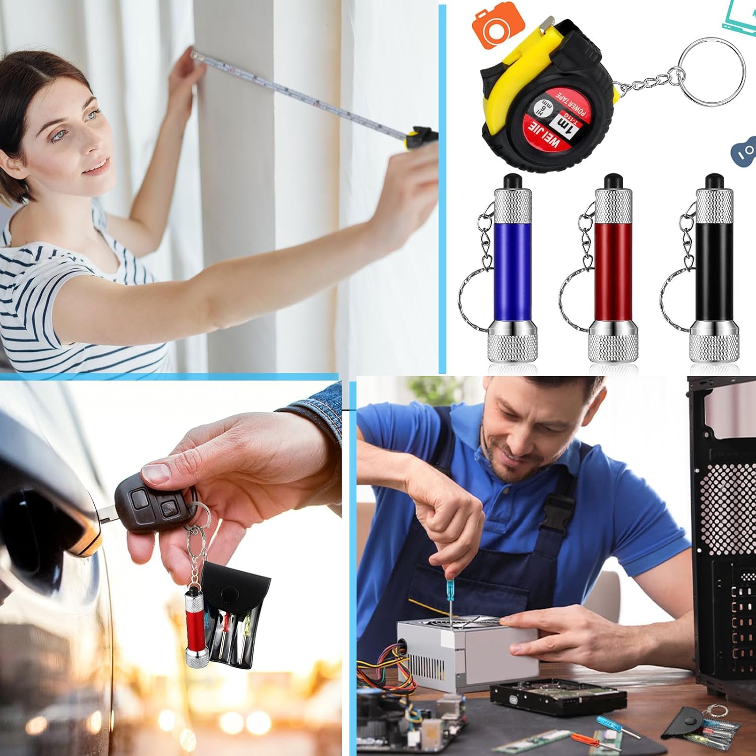 Jutom 72 Pcs Bulk Gifts for Men Mini Tape Measure Keychain Screwdriver LED Light Keychain Set for Adult Father Day Men Gifts Bulk Party Favor (Blue,Black,Red)