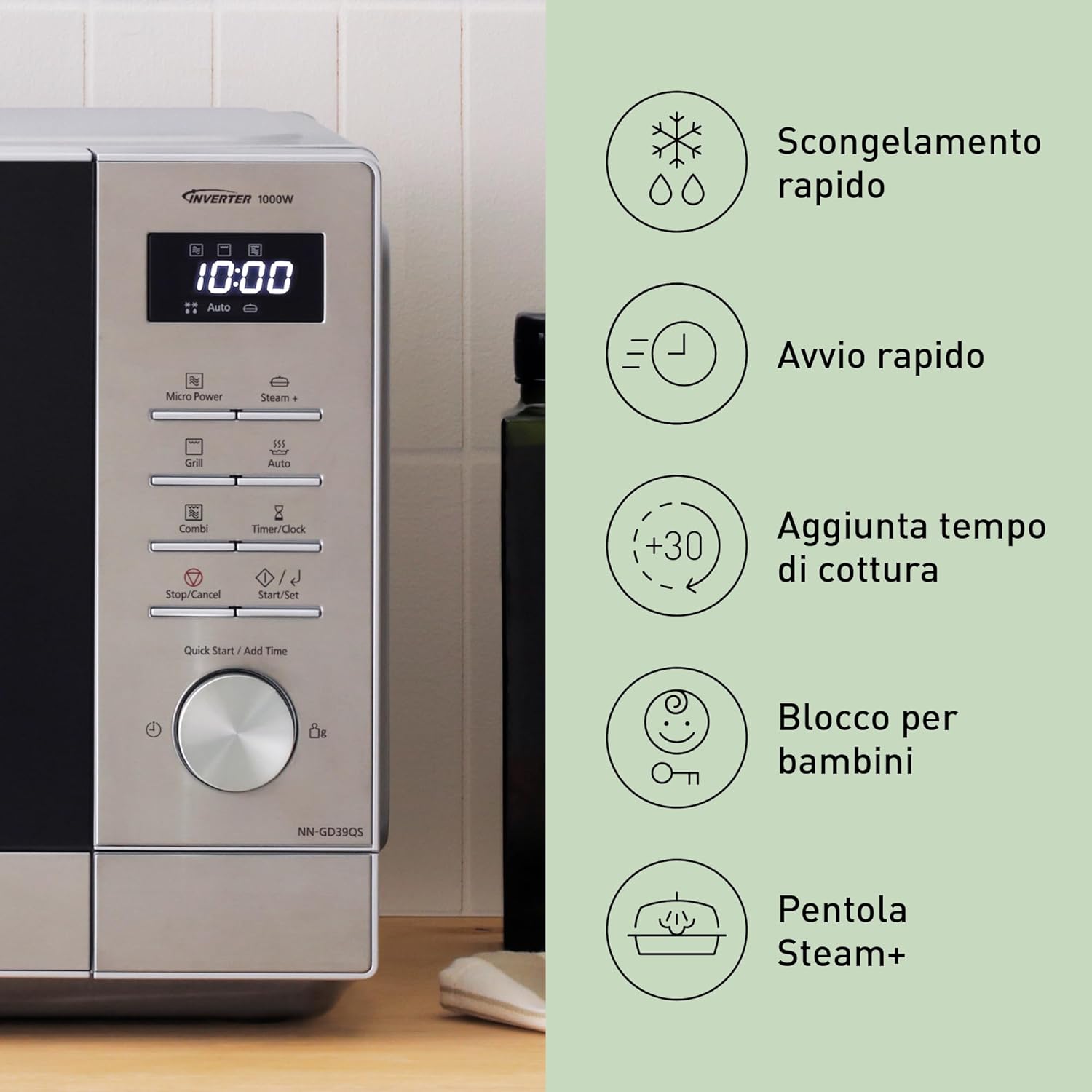 Microwave control panel highlighting quick defrost, quick start, add cooking time, child lock, and Steam+ pot functions