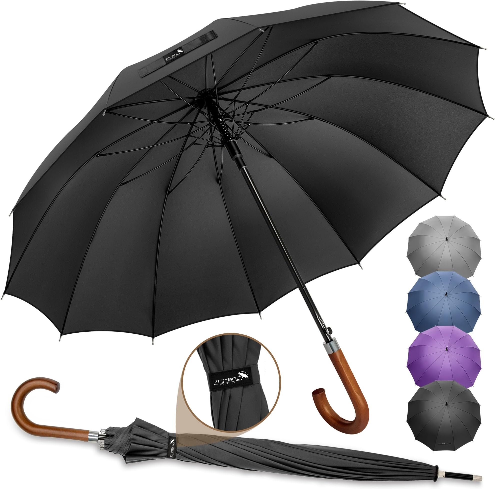 ZOMAKELarge Stick Umbrella With Wood Hook Handle 55 Inch, Automatic Open Classic Golf Umbrellas Windproof 12 Ribs With J Hook for Men Women
