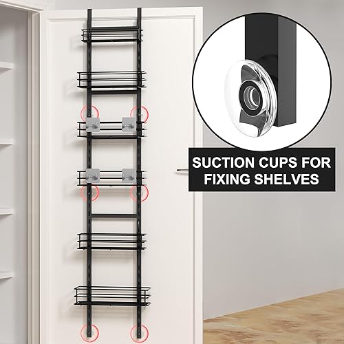 Miniatura 4 de Organizador de despensa de 6 niveles sobre la puerta con 6 cestas ajustables y 4 ganchos, estante de especias colgante de metal, negro..