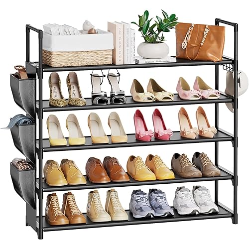 VILICK 5 Tier Shoe Rack with Hook and Side Pocket,Shoe Organizer Space Saver Storage for 20-25 Pair Shoe Storage Shelf Sturdy Free Standing Long Shoe Rack Organizer for Closet,Entryway,Small Spaces