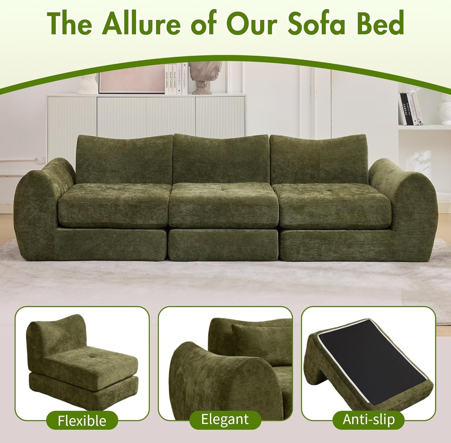 102" Modular Sectional Boneless Couch for Living Room, Convertible Cloud Sofa Bed Green Couches with Upholstered Deep Seat, No Assembly Needed, Ideal for Small Space Apartment Playroom Bedroom Studio | cloud-like comfy, modular flexibility, breathable fabric, ergonomic, no assembly required