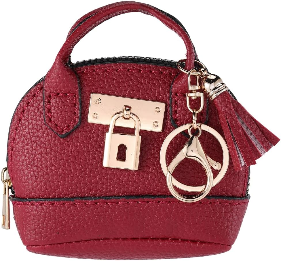 Mini Tote Bag Keychain Red PU Leather Zipper Coin Change Pouch Small Earphone Pouch Handbag Keychain Wallet Purse Pendants Charm with Lobster Clasp for Women Purse Handbag Decor