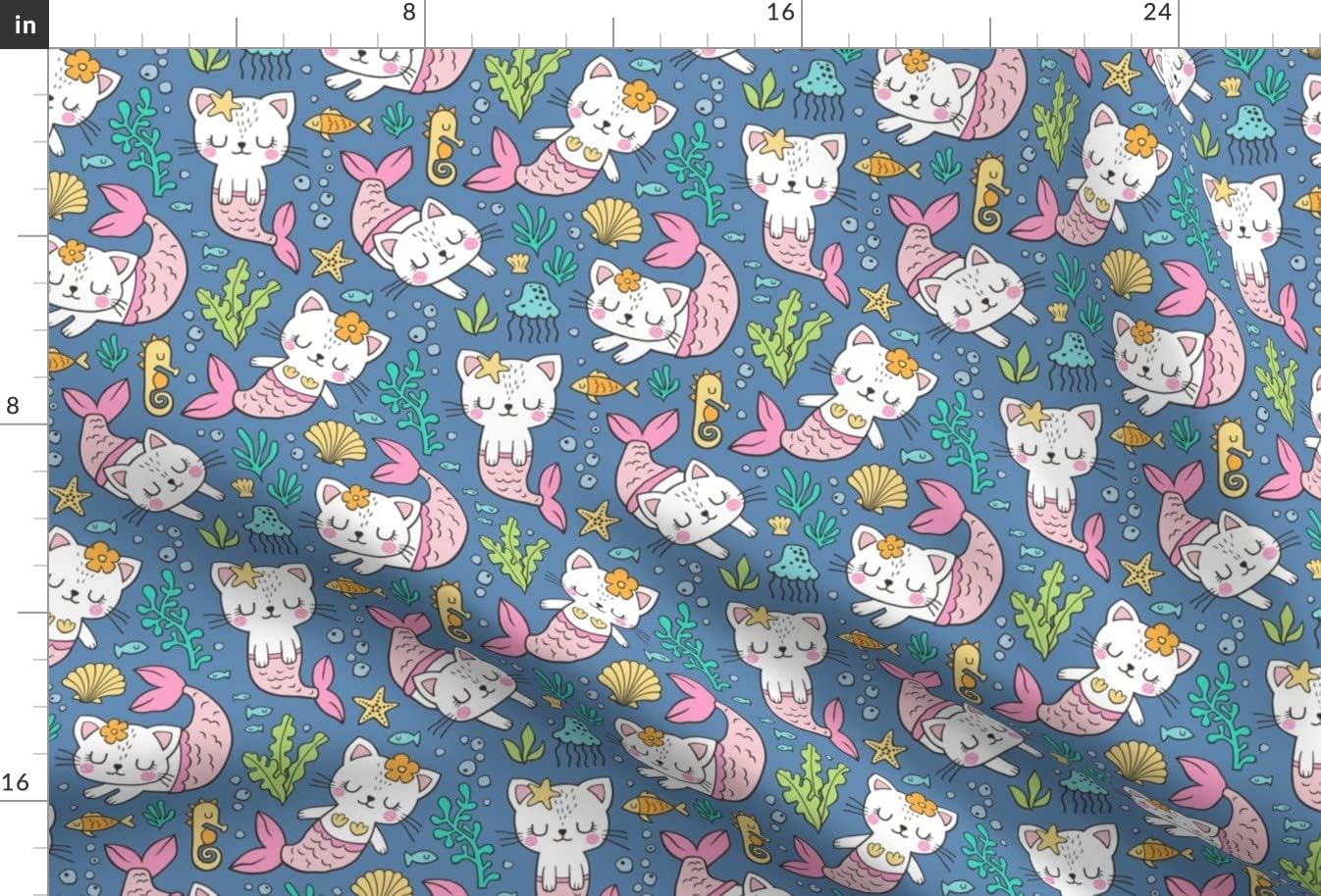 Spoonflower Fabric - Cats Mermaids Sea Doodle Dark Blue Navy Fish Animals Cat Spring Summer Printed on Chiffon Fabric by The Yard - Sewing Fashion Apparel Dresses Home Decor