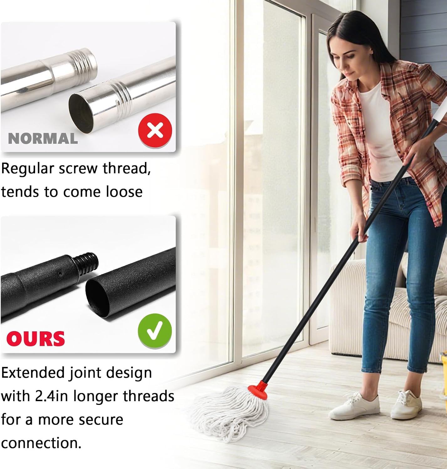 Indoor Cotton Mops for Floor Cleaning, 53" Long Handle Cotton Mop, Cleaning Mops for Tiles and Hardwood Floor, Household Mop for Kitchen, Bathroom, Garage, Tile & Hardwood Floors（Red White）