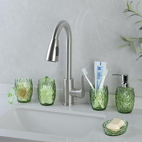 Miniatura 4 de Yueranhu Juego de accesorios de baño verdes de 5 piezas, dispensador de jabón de loción, soporte para cepillo de dientes, soporte para 2 Qtips,
