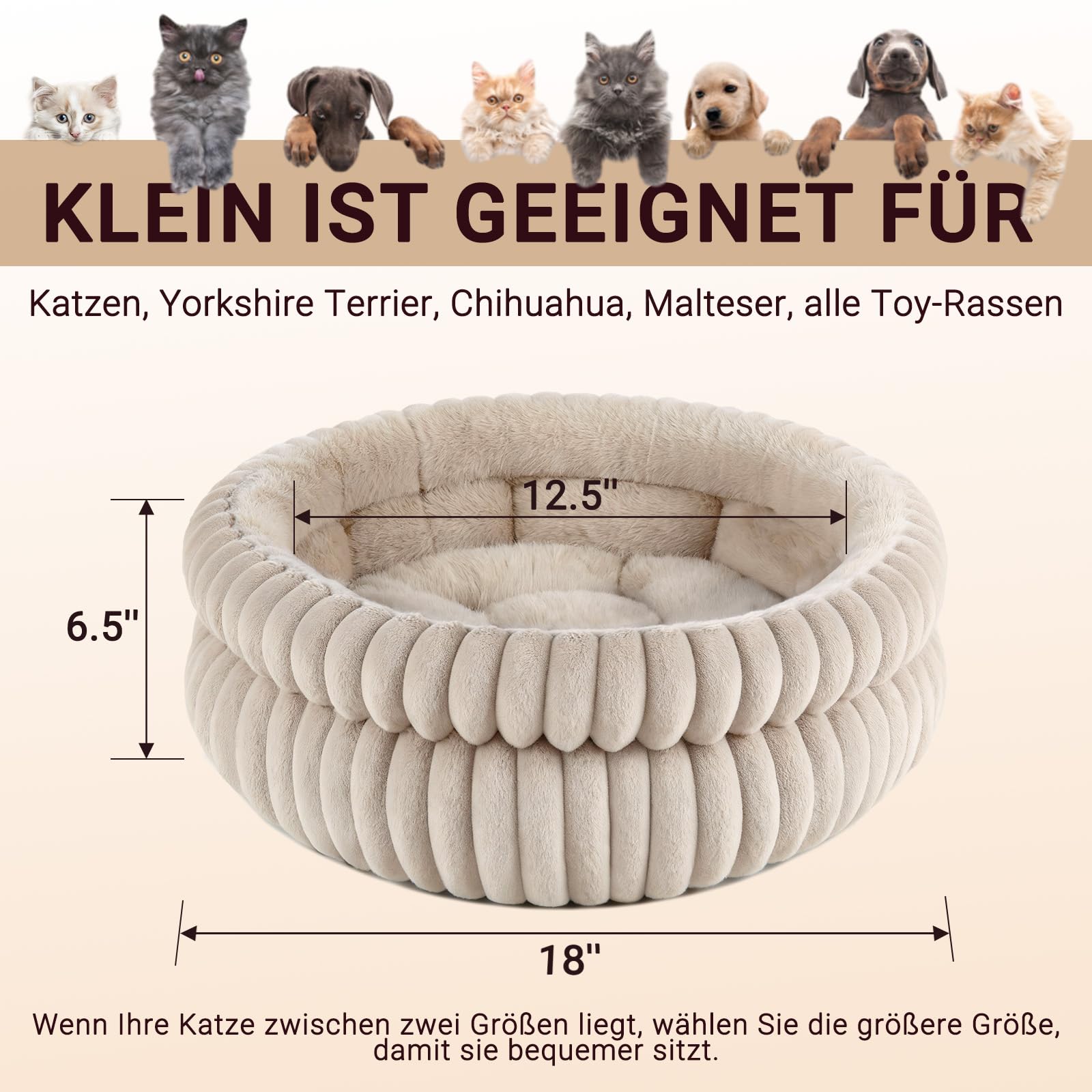 EDMIENS Katzenbett, Waschbar Indoor Katzenbett Flauschig, Rund Katzenkissen, zweiseitig Innenkissen Katzen Bettchen, Katzenkörbchen mit Rutschfester Basis fur Katzen, kleine Hunde (51x51x20cm, Braun)