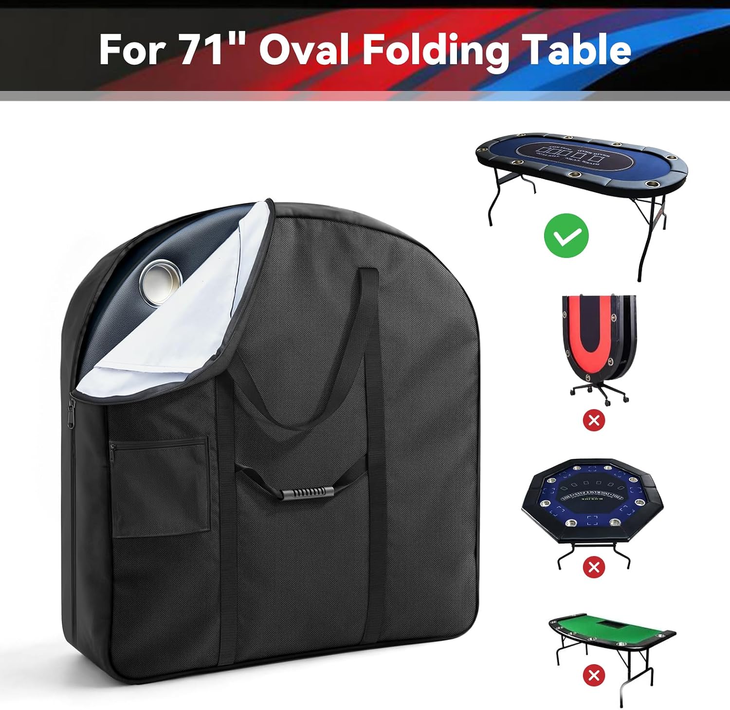 71" Oval Folding Poker Table Bag with Center Handle,600D Oxford Poker Table Carrying Case with Waterproof Zipper, Side Pockets & Padded Shoulder Strap for Game Nights,Tournaments and Home Parties