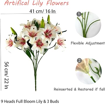 12 Artificial Lily Flowers with 9 Heads Full Bloom Lily & 3 Buds, Long Stem Artificial Stargazer Lilies, Faux Tiger Bouquets for Home Hotel Office Party Decor Table Centerpieces(White Pink