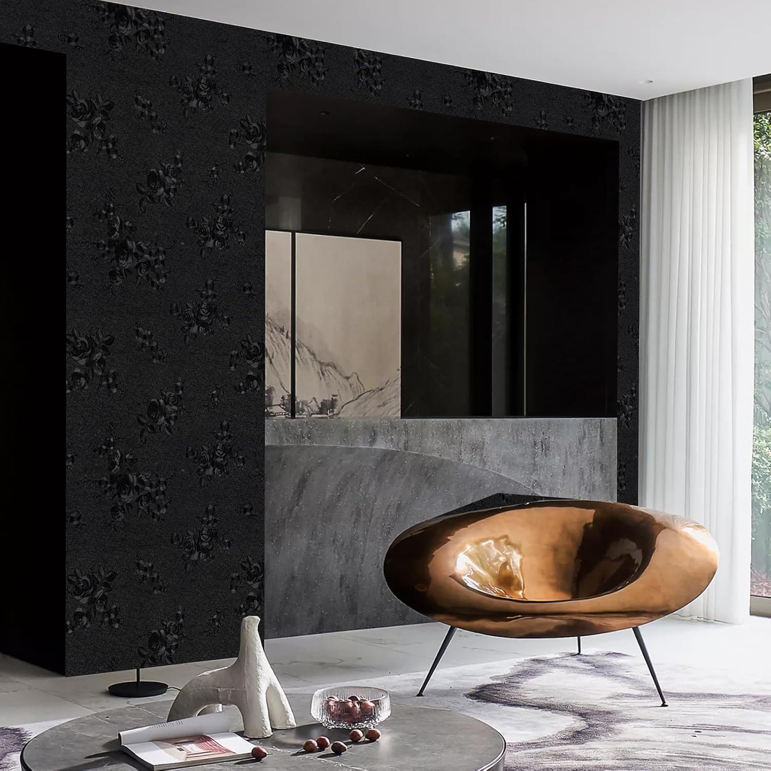 Black Flower Wallpaper Peel and Stick, Gothic Black Floral Textured Contact Paper 393"X17.7", Removable Self Adhesive Renter Friendly Wall Paper for Kitchen Drawers Walls Cabinets