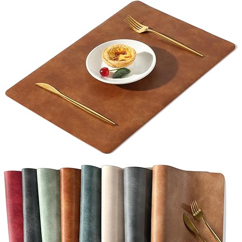 Univo Colors Washed Cowhide Pattern PU Leather Placemats Set of 8 Heat Resistant Kitchen Table Mats, Waterproof Wipeable for Party Decoration(Reddish Brown)