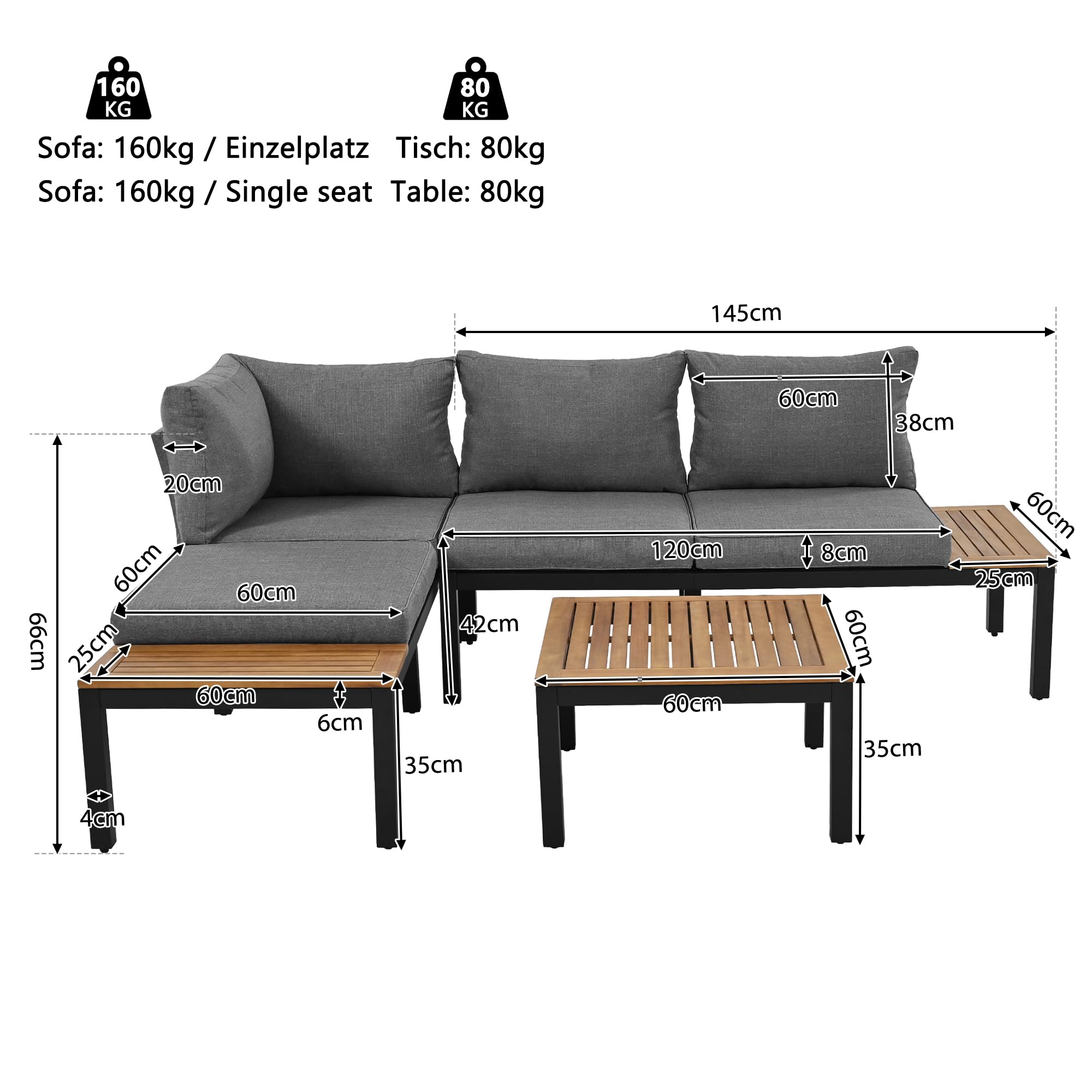 Juego de salón de jardín de 4 plazas, sofá cama cómodo con cojines, 2 asientos dobles, 1 mesa + 2 mesas de madera de acacia, estructura de acero galvanizado resistente, impermeable, gris