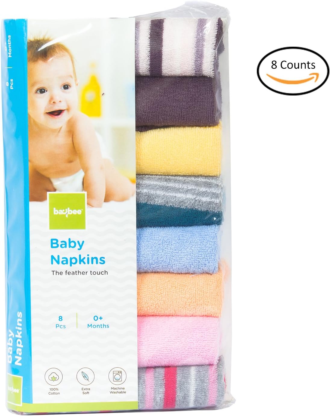 BAYBEE Baby Boy's and Girl's Cotton Washcloths Napkin Hankies Soft Face Towels (Random Colours) - Pack of 8