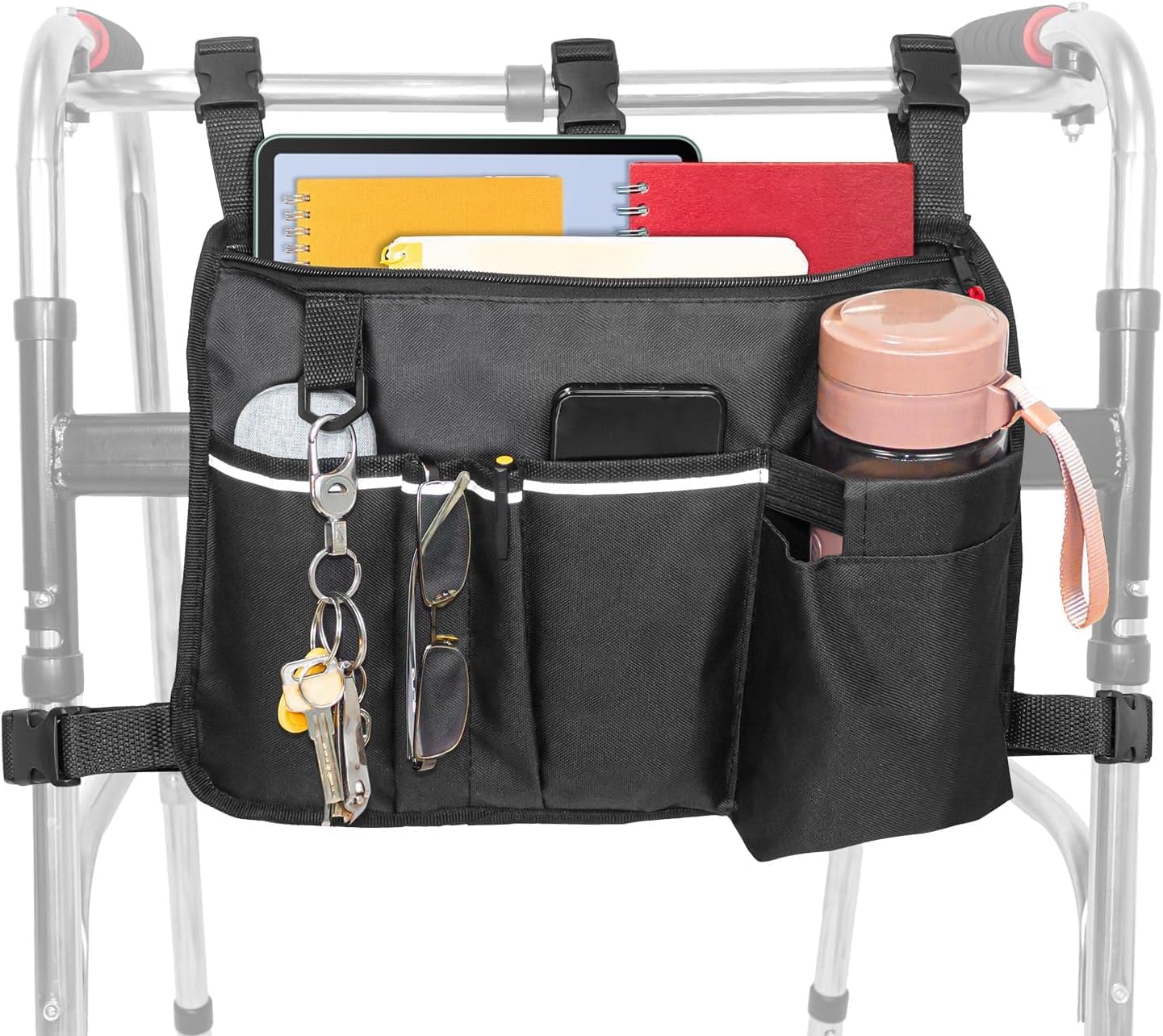 Large Walker Bag with Water Cup Holder,Walker Basket,Foldable Walker Storage Bag,Side Walker Bag,Walker Side Access Bag Organizer Pouch Tote,Scooters or Rollator Walkers (Large)