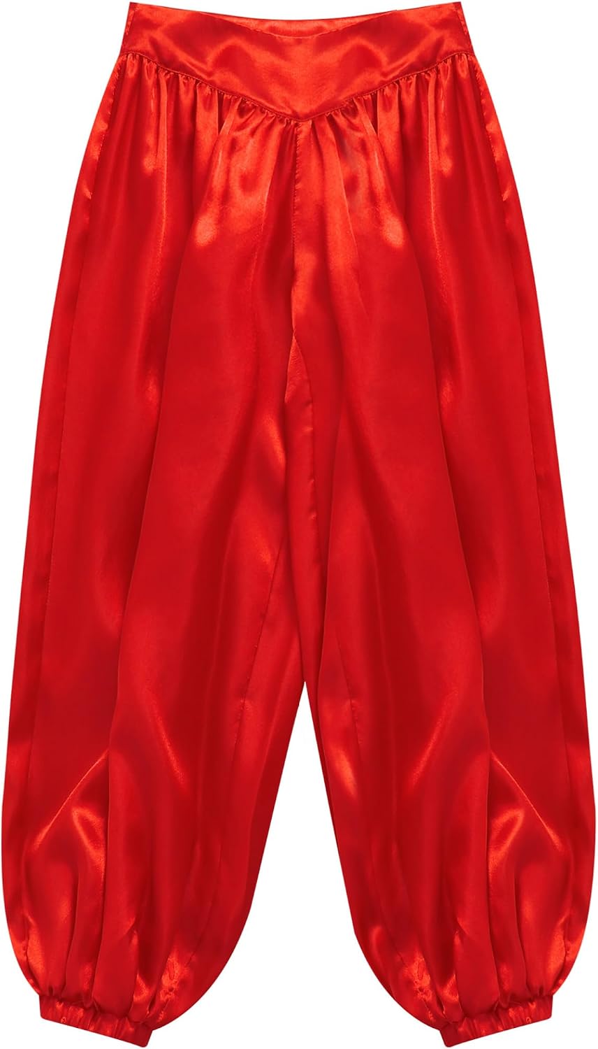 Linjinx Kids Girls Satin Praise Belly Dance Pants Wide Leg Bloomers Trousers for Arab Carnival Party Performance