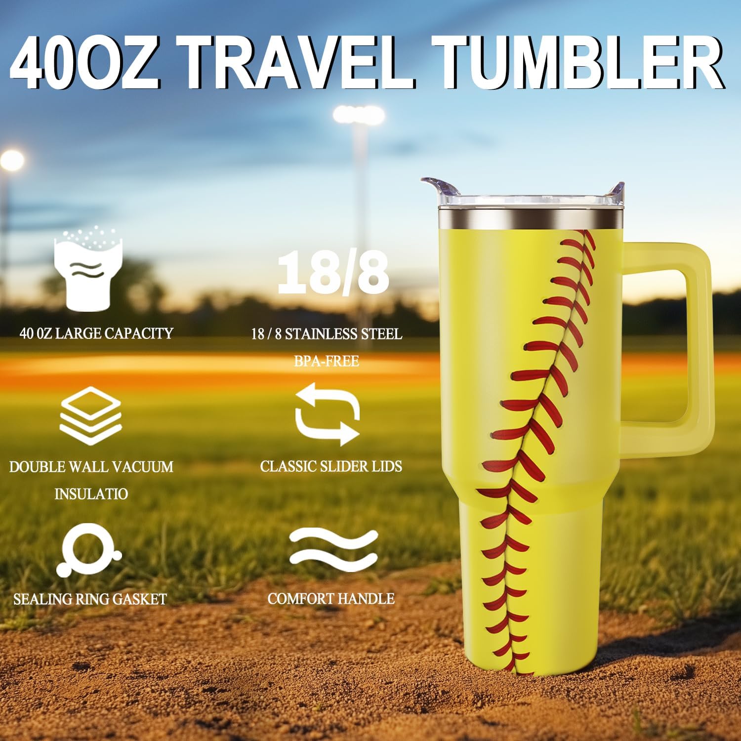 40oz Softball Tumbler with Handle Softball Gifts Stuff for Women Girls Men Gift for Coach Lovers Fan Stainless Steel Cup - Image 2