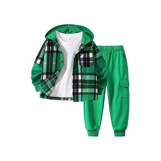 2Pcs Kids Boys Flannel Plaid Shirt Tops Pants Set Hoodie Sweatsuit for Fall Winter Spring Outfits 4-12 Years