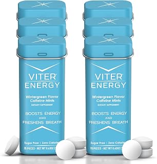 Viter Energy Caffeinated Mints 40mg Caffeine, B Vitamins, Sugar Free. (Wintergreen, 20pcs, 6 Pack)