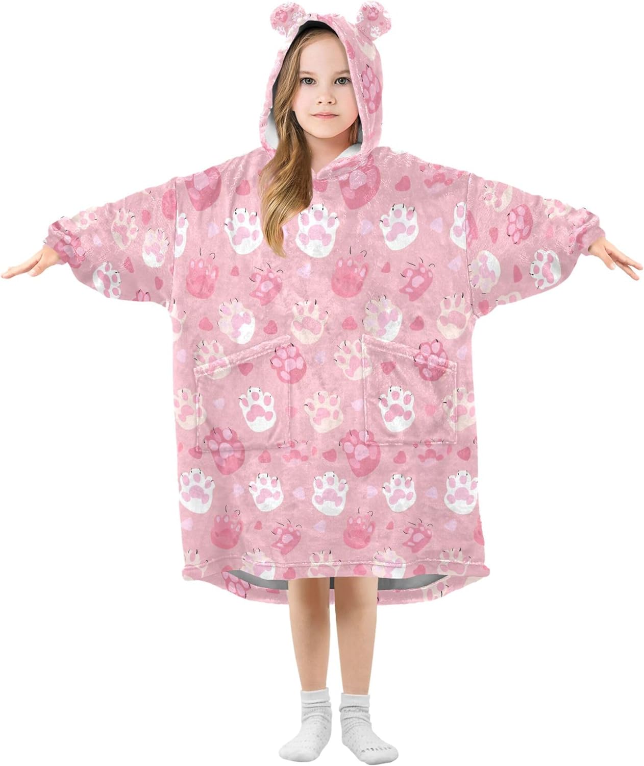 Cat Dog Puppy Pug Paw Print Kids Wearable Blanket Hoodie and Sleeves for Toddlers, Cute Hoodies Girls B0403742