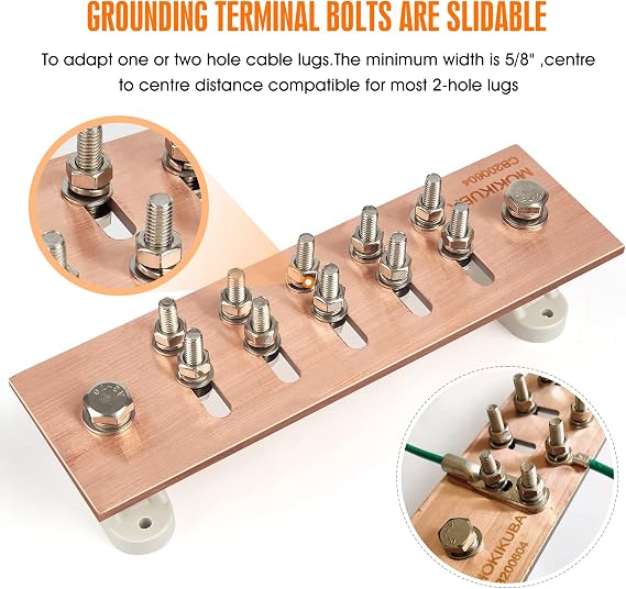 Wall Mounted Ground Bar Kit-Copper Bus Bar 7.88x2.36x .157 with 1/4 Terminal Positions and UL Material BusBar Insulator Posts (1/4 Smart)