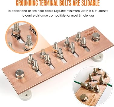 Wall Mounted Ground Bar Kit-Copper Bus Bar 7.88x2.36x .157 with 1/4 Terminal Positions and UL Material BusBar Insulator Posts (1/4 Smart)