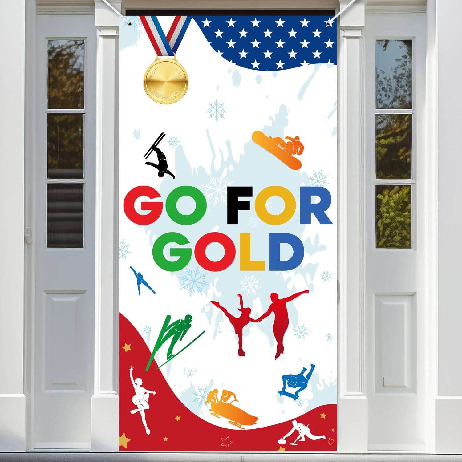 2026 Winter Sport Games Party Decorations Go For Gold Door Cover Red Blue and White Door Cover Sport Games Theme Party Supplies for Indoor and Outdoor Decor