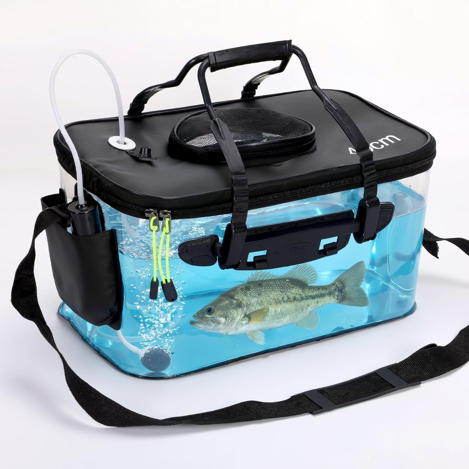 AceOrbit Foldable Transparent Fishing Bucket with Aerator 6 Gallon Live Bait Bucket and Dual Outlet Air Pump, Heavy Duty EVA Collapsible Fish Basket for Kayak, Ice Fishing, Camping & Travel