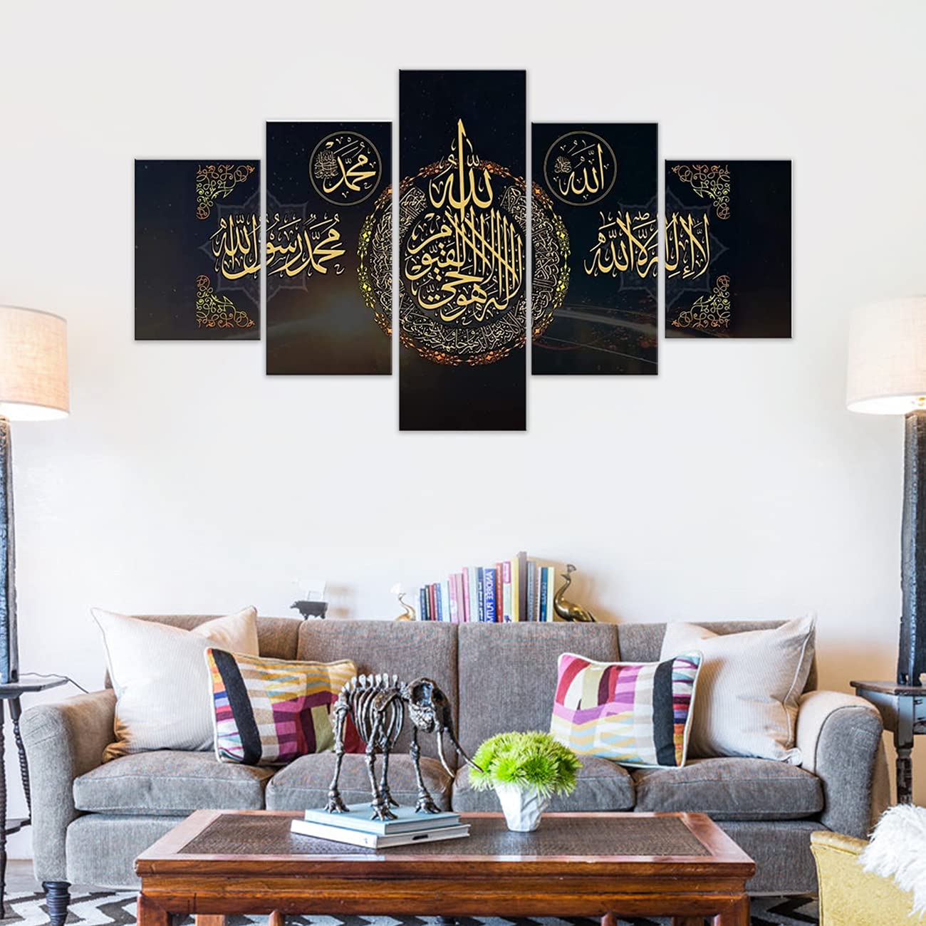 Islamisches Wandbild mit Rahmen 5-teilig Arabische Kalligraphie Kunstdruck auf Leinwand Allah Muslimisches Kunstwerk Moderne Religion Heimdekoration für Wohnzimmer Schlafzimmer Büro (150x80cm)
