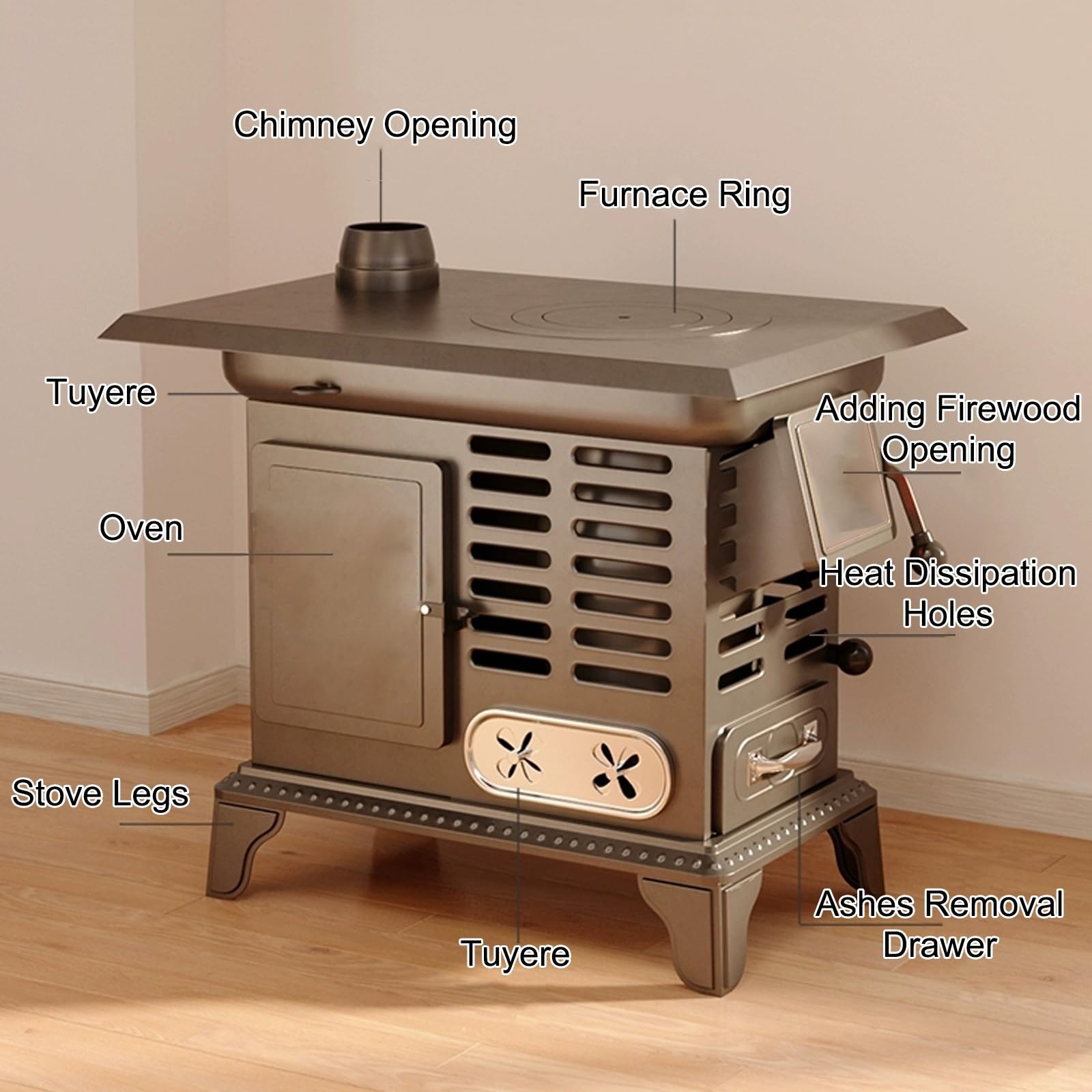 Stufa a legna in ghisa con forno, sistema di riscaldamento efficiente per cabine e case, con cassetto in cenere, ideale per soggiorno fuori rete e riscaldamento rapido della stanza