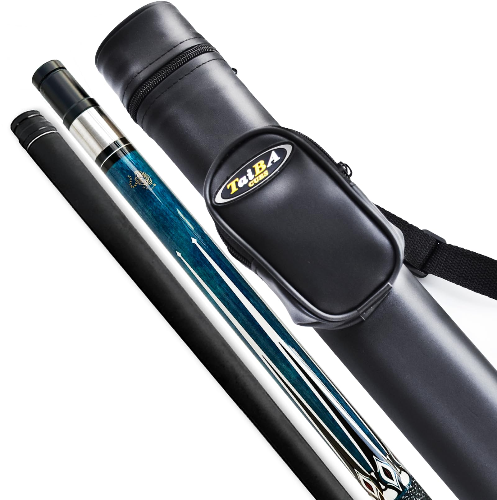 TaiBA Bastone da biliardo in 2 pezzi + custodia rigida, punta da 13 mm, 147,3 cm, in legno di acero canadese professionale, 540-595 g (selezionabile) - blu, nero, rosso, grigio, verde, marrone